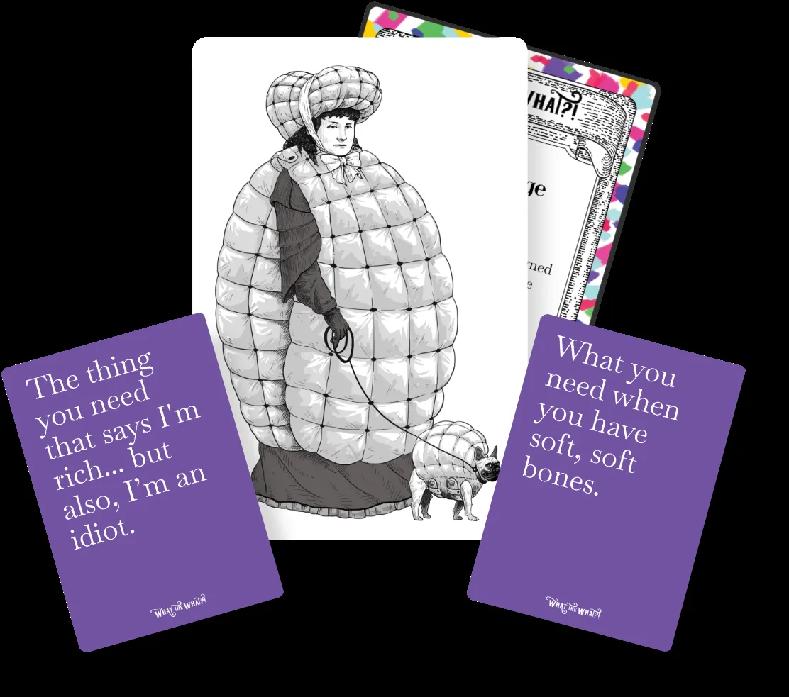 What the What?! cards with engraving-style illustrations by John Abellare