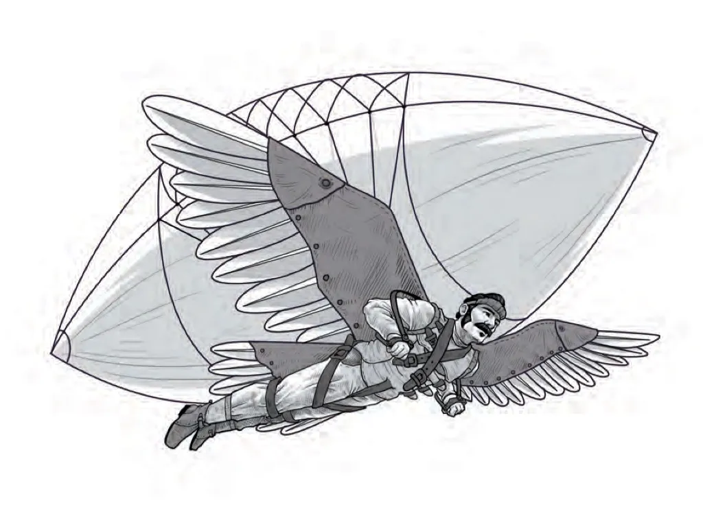 Engraving-style invention illustration for What the What?!
